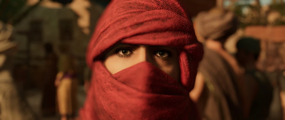 Close-up of a figure with a red face wrap