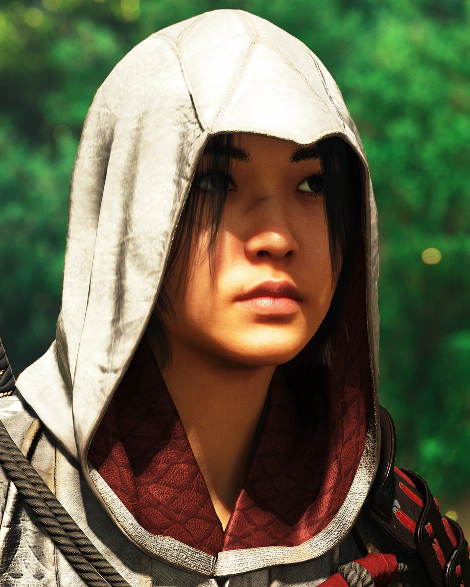 Close-up portrait of a character in a white hood
