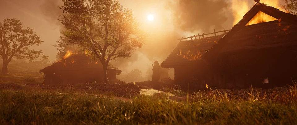 Farmhouse and a tree against a glowing orange sky, with smoke drifting across the scene