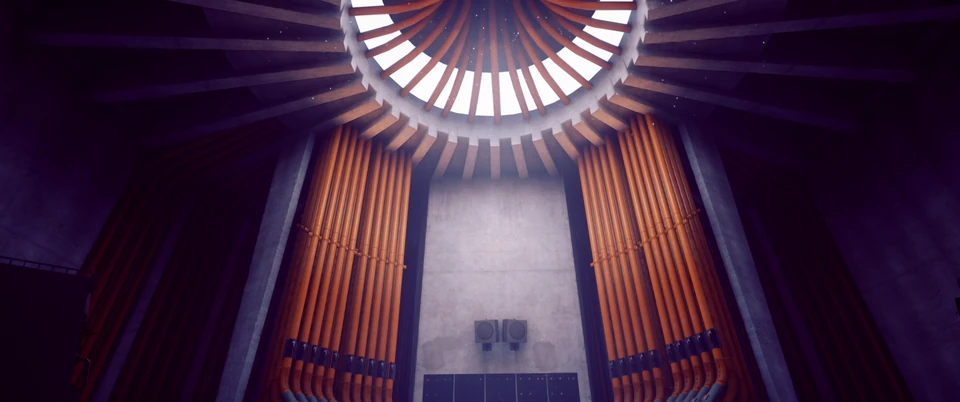 Looking up at a circular skylight above orange organ pipe columns in a purple hall
