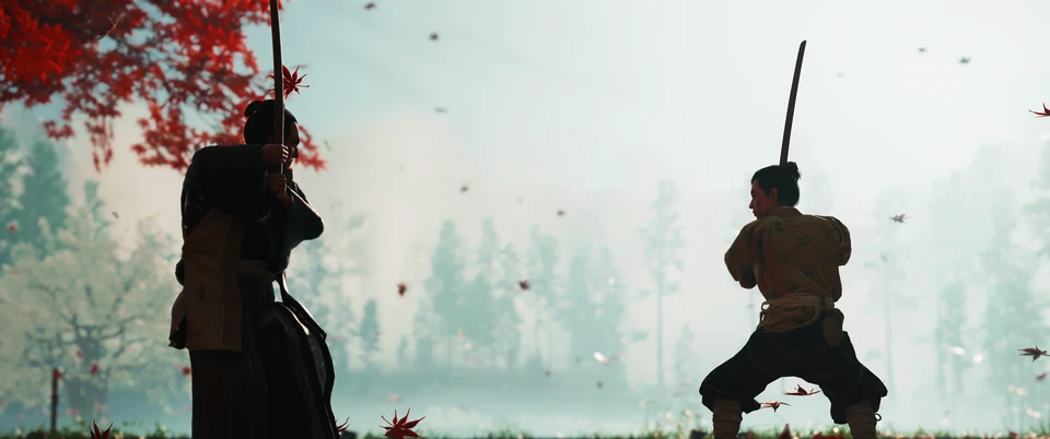 Two samurai face each other among red autumn leaves in mist