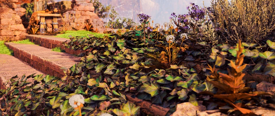 Ivy and wildflowers beside a brick path, with ruined stonework behind