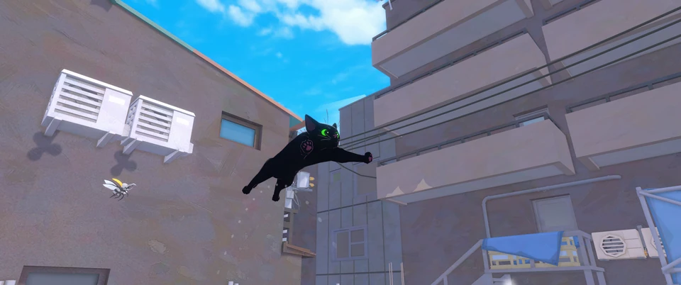 Black cat leaping across the wall of a building