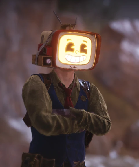 Character with a glowing retro television set for a head, arms crossed