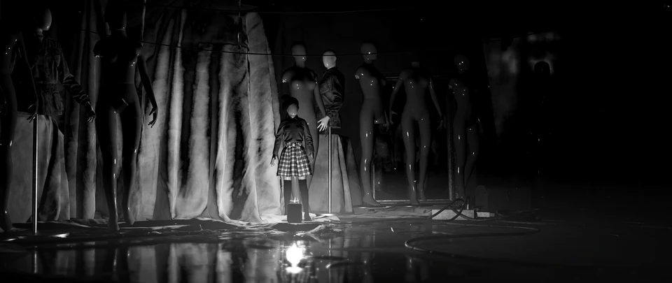 Black and white shot of a small figure standing among mannequins in a dark room